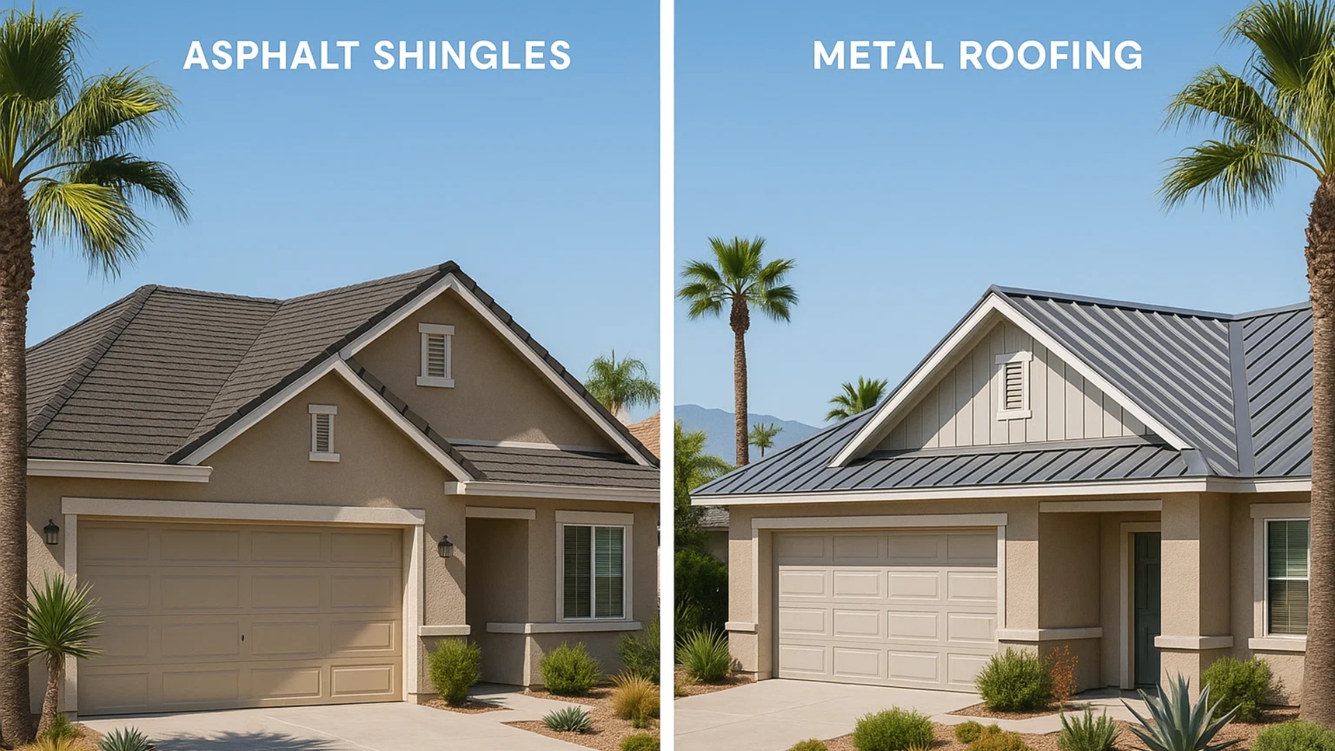 Side-by-side comparison of asphalt shingles and metal roofing on two modern suburban homes