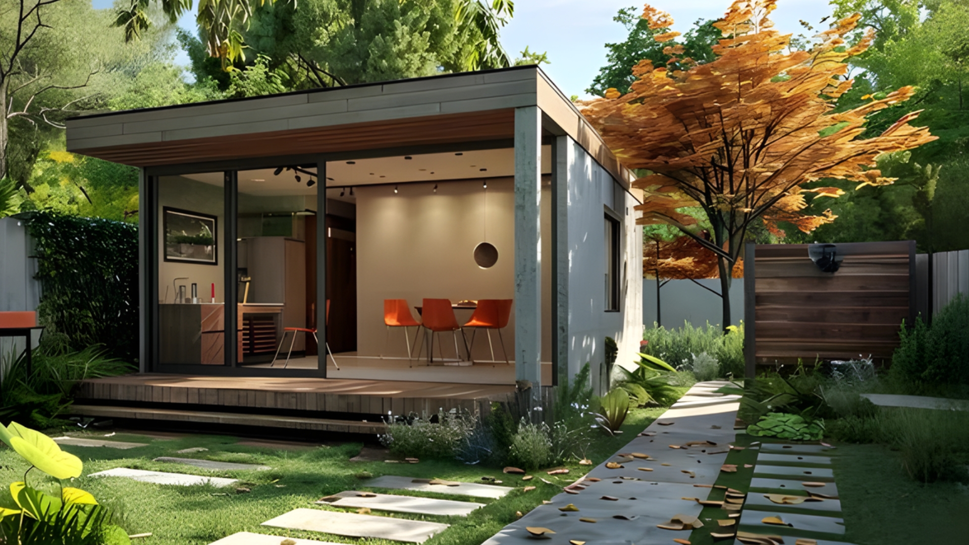 Modern ADU home with sliding glass doors, open interior design, and landscaped garden path.