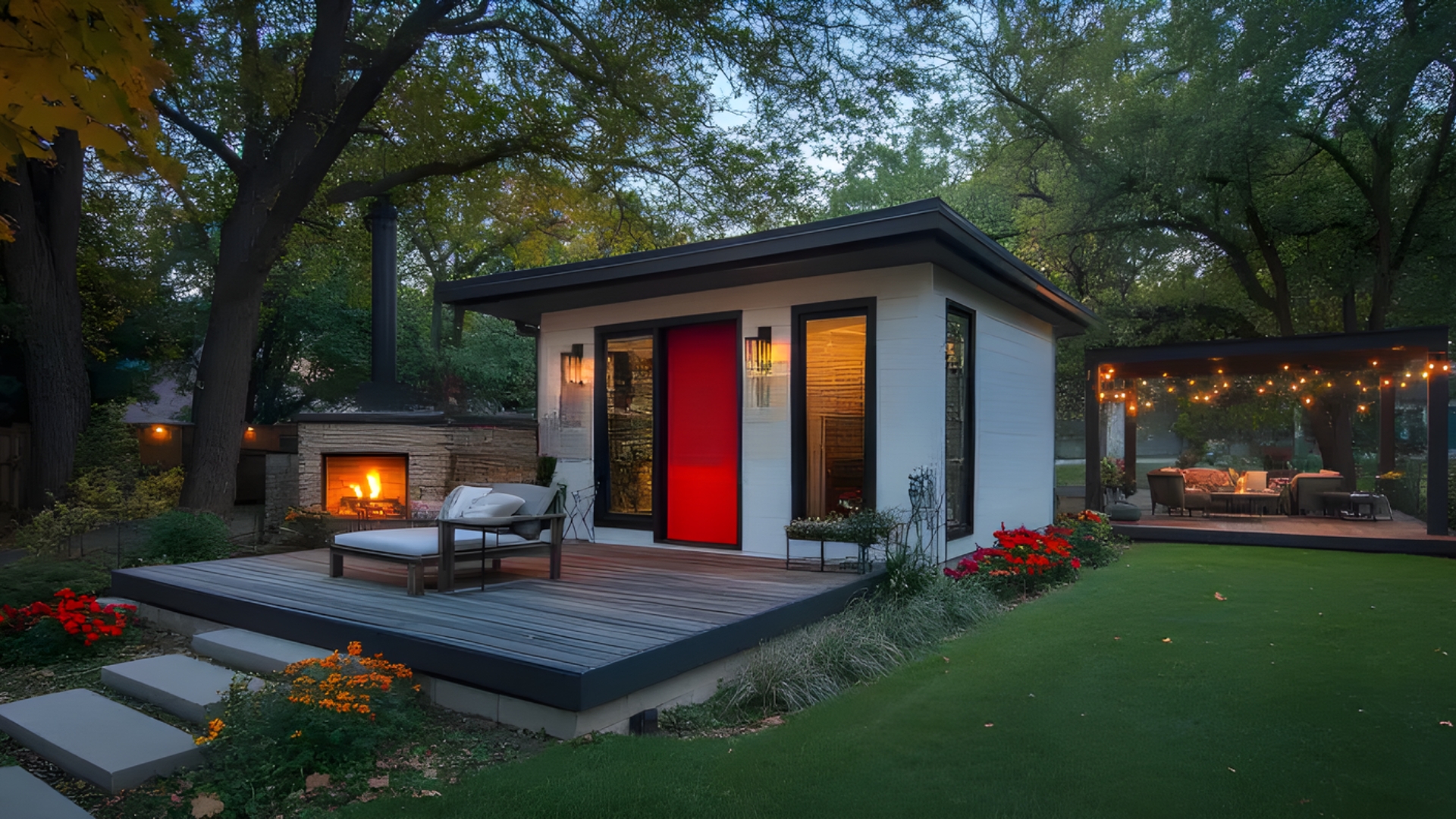 Backyard ADU home additions with cozy patio, string lights, and vibrant greenery.